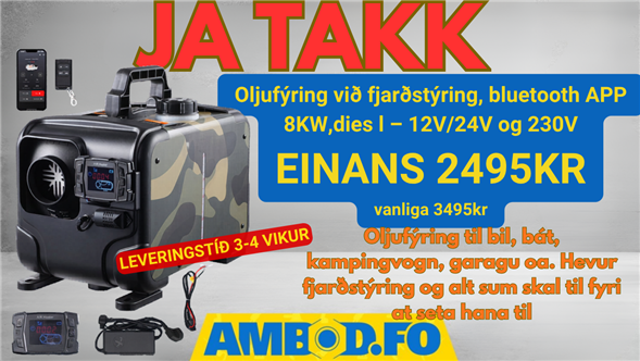 Oljufýring við fjarðstýring 8KW, bluetooth APP, diesel – 12V/24V og 230V
