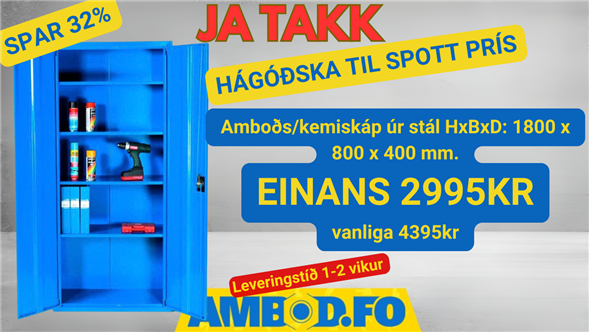 Amboðs/kemiskáp úr stál HxBxD: 1800 x 800 x 400 mm. - Einans 2995kr - Vanliga 4395kr