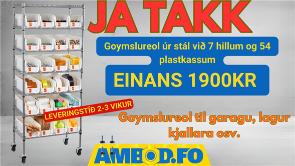 Goymslureol úr stál við 7 hillum og 54 plastkassum